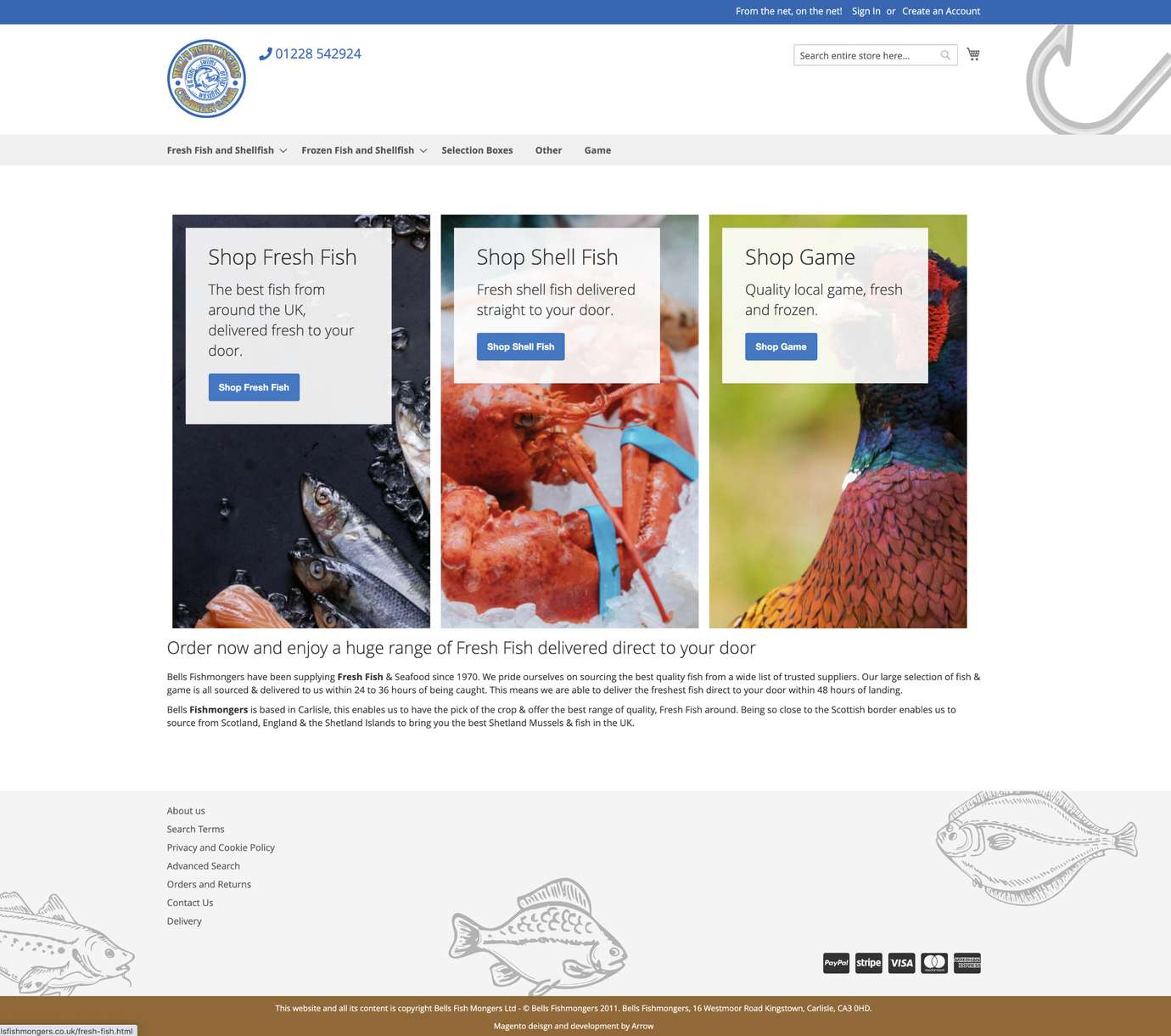 Screenshot of the homepage from the Bells Fishmongers Magento 2 site